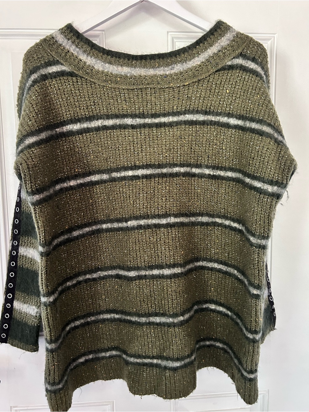 Free People Olive Green Striped Scoop Neck Sweater